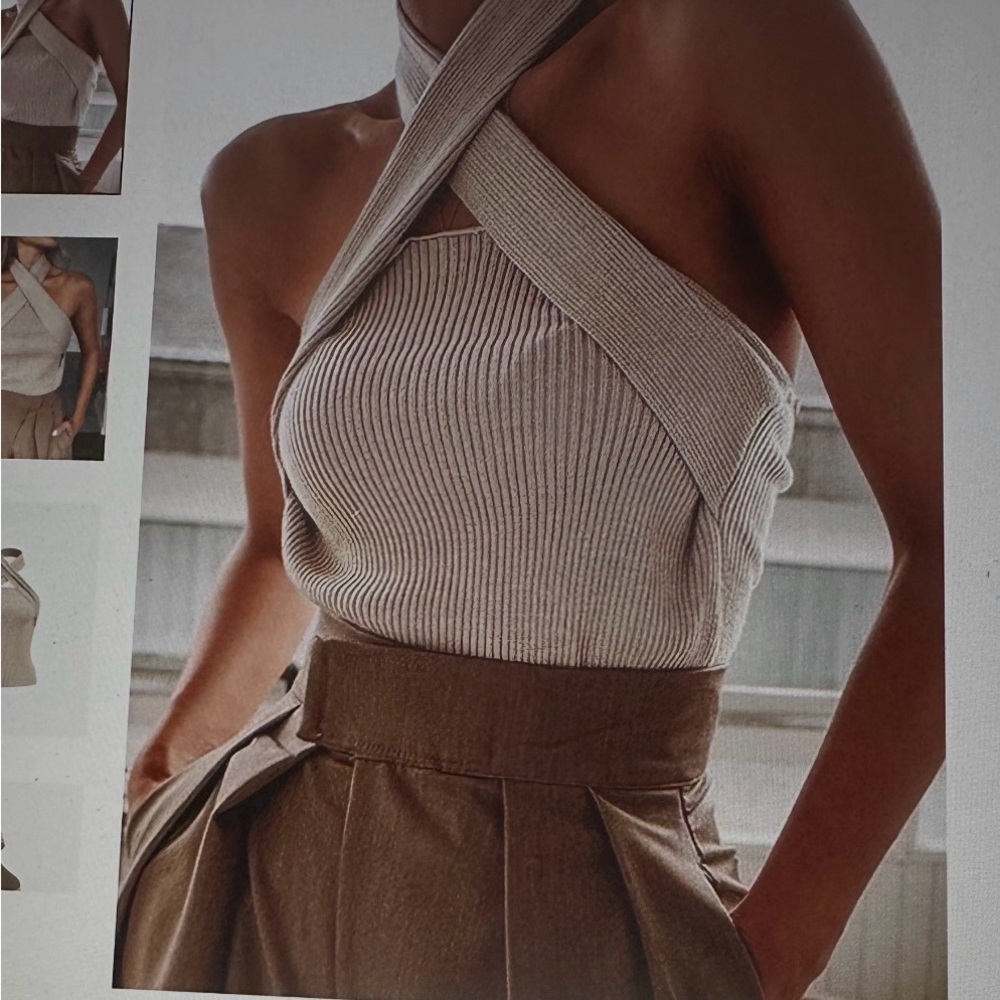 Commense Beige Ribbed Cross Halter Crop Top